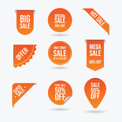 Set of labels in various shapes for promotional purposes. Set of sale badges, quality tags, and labels. Template banners for shopping promotions, including special offers, sales, discounts.	