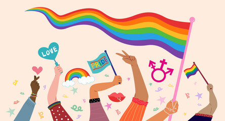 Rainbow Pride LGBTQ Flag People Hands. Celebrates LGBT pride month. Illustration, Poster, Vector , Background or wallpaper.   