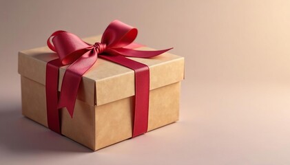 Obraz premium Elegant kraft parcel gift box with satin ribbon , texture, anniversary, gift box