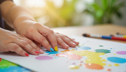Naklejka premium Child's hands with colorful paint joyfully creating art against a table