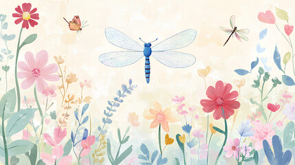 Fototapeta premium Background and banner decorated with pastel colors blooming flowers and leaves. Spring, Easter, Summer theme with dragonfly, butterfly and bee. Flat folk geometric style. Stock Illustration