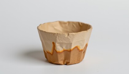 Fototapeta premium water stained biodegradable seed pot made from paper pulp, bottom edge slightly crumpled, subtle color gradation from dry to moist