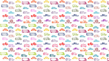 A colorful pattern of hand drawn cars, trucks, vans, and buses on a white background design art