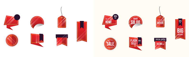 Set of labels in various shapes for promotional purposes. Set of sale badges, quality tags, and labels. Template banners for shopping promotions, including special offers, sales, discounts.	