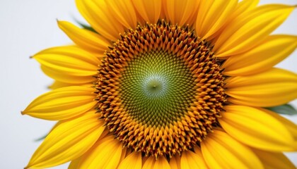 Fototapeta premium partially bloomed sunflower head with exposed central disk and irregular petals, a few pollen grains visible at close range