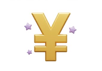 Obraz premium 3D Illustration of Golden yen symbol with purple stars isolated on white background
