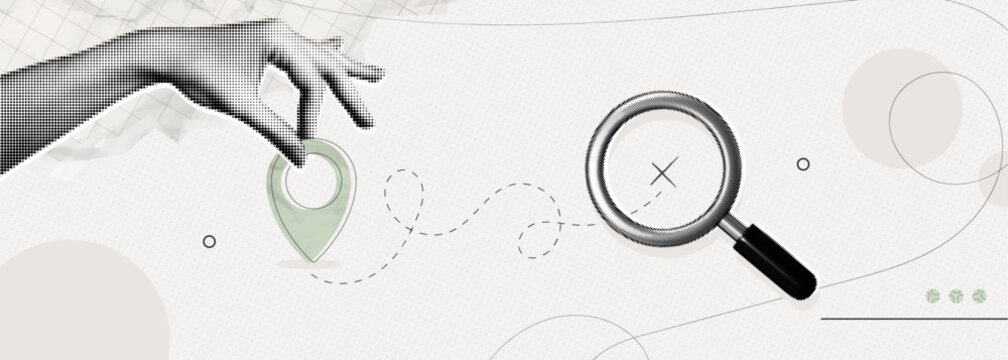Trendy Halftone Collage Hand holding location pin. Magnifying glass with route finder. Travel way and find trip. GPS point navigation. Where is my parcel. Contemporary vector illustration art
