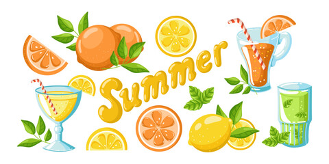 Hand drawn flat vector illustration featuring a colorful set of isolated citrus fruits, whole and sliced lemons and oranges with green leaves and fruity summer drinks. Summer lettering in the center. 