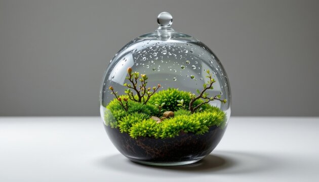 miniature moss terrarium dome opened with condensation inside and growing edges slightly overreaching glass rim, creating rare growth moment