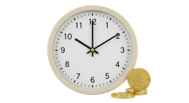 Isolated Wall Clock With Gold Dollar Coins Time Is Money Concept