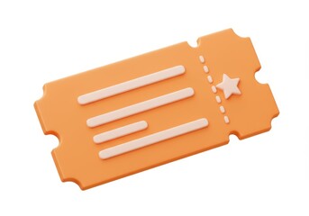 3D Illustration of Orange ticket with star and lines isolated on white background