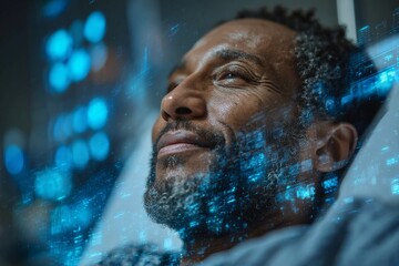 Man relaxing in hospital bed with digital overlay of data and technology at evening time