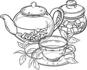 Cup of Tea, Teapot and Sugar Bowl  Outline Illustration.