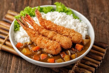 Ebi Fry Curry Don. Crispy and golden panko-crumbed prawns, coated in a thick curry sauce and served with rice,