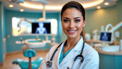 Confident young female doctor smiling warmly inside a bright, modern medical clinic, dressed in a white lab coat with stethoscope, standing ready to care for patients in a clean healthcare setting