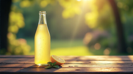 Refreshing Lemonade Bottle on Wooden Table in Sunlight