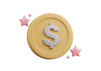 3D Illustration of Gold coin with dollar sign and pink stars isolated on white background