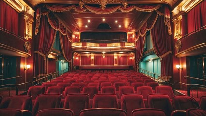 Elegant interior of a grand vintage theater with plush red velvet seats, golden details, and ornate architecture, evoking drama, anticipation, and timeless cultural sophistication
