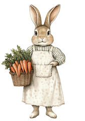 Obraz premium A rabbit character in an apron holding a basket of carrots.