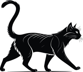 silhouette black cat walking gracefully, Perfect for use in Halloween themes, pet-related designs, tattoo concepts, minimalist artwork, and editorial graphics. 