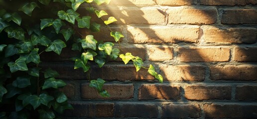Sunlit brick wall with ivy creeper creates a tranquil, textured composition