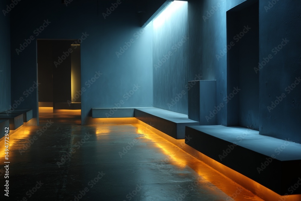 Poster modern interior design featuring sleek lines and ambient lighting in a spacious hallway during eveni