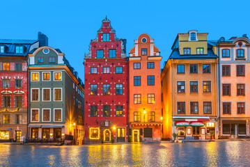 Stockholm, Sweden. Stortorget Square, Glama Stan downtown at twilight hour.