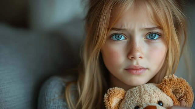 Sad girl hugging a teddy bear, emotional moment expressing loneliness, comfort, and vulnerability