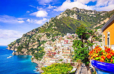 Positano, Italy. Charming city on Amalfi scenic coastline, Campania.
