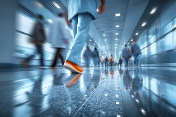 Busy corridor in a modern hospital with healthcare workers moving during the day