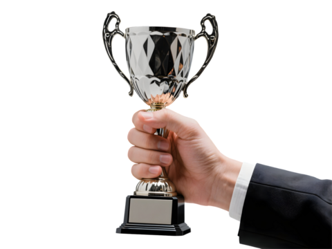 Golden trophy held by a hand isolated on transparent background, 3D metallic award PNG download for sports, competition, success, achievement, victory, pride, leadership, championship, and 2025