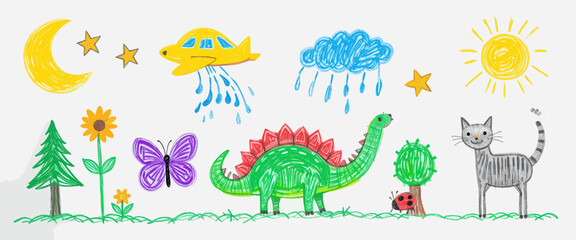 Colorful Children's Drawing with Dinosaur, Cat, Airplane, and Nature Elements on White Background