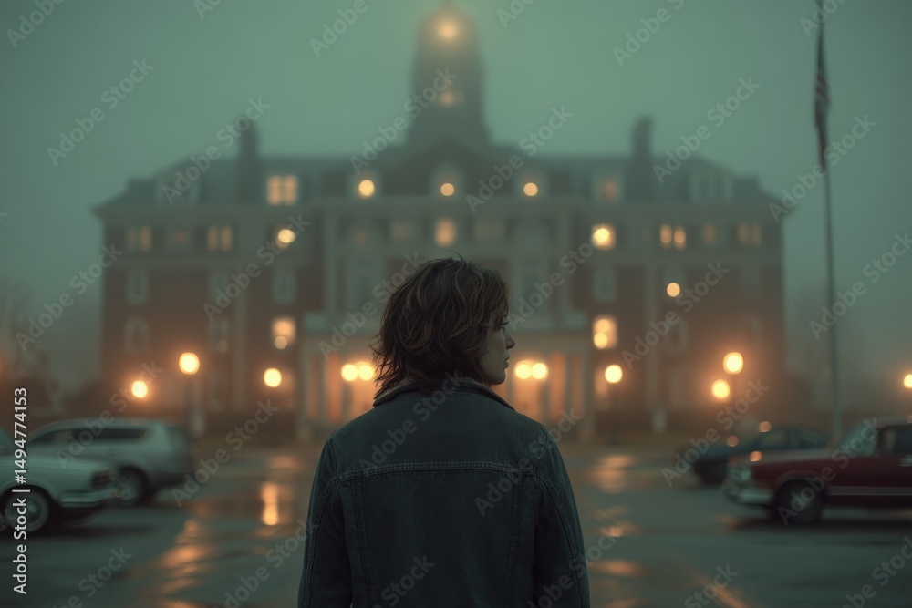 Aufkleber Mysterious figure stands in fog overlooking an old building at dusk with glowing lights in the background