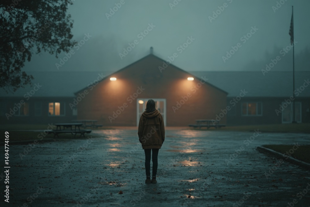 Aufkleber lonely figure standing in the rain near a dimly lit building on an overcast evening