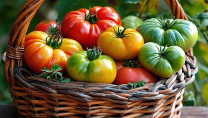 Assorted heirloom tomatoes in basket with rustic garden background