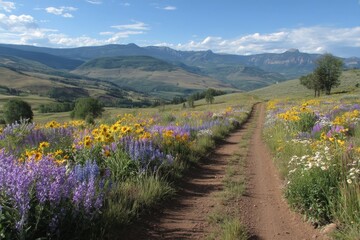 Vibrant wildflower trail in Colorado's picturesque mountain landscape during summer