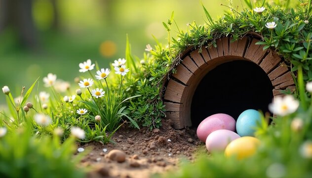 Wooden burrow entrance, spring wildflowers, scattered eggs, forest, dirt