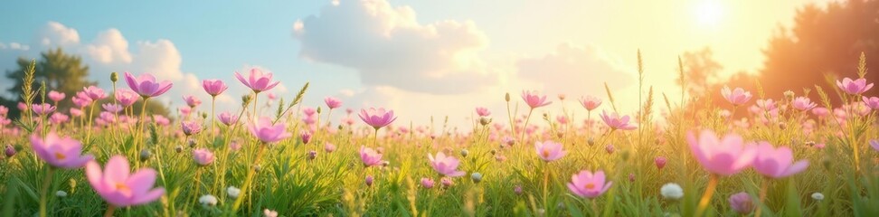 Fototapeta premium Sunlit meadow awash in pastel pink & purple blossoms, clear sky above , vibrant, outdoor, colorful