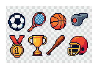 Sports and recreation pixel art icons set – athletic, game, leisure symbols
