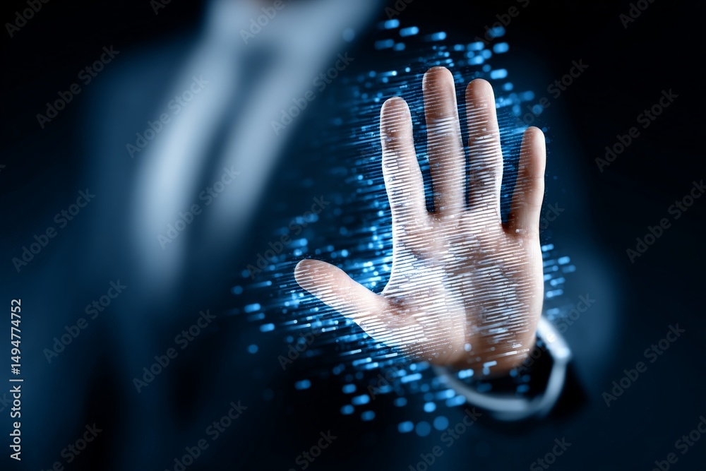 Aufkleber Digital motion graphic representing futuristic technology with a hand gesture in a professional setting