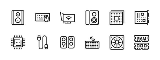 Computer Hardware Line Icon Set Device, Technology, PC Components, Server, and Electronics icon