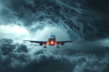 Dark storm clouds surround an airplane approaching a runway amidst turbulent weather conditions during twilight hours