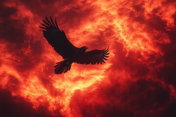 Obraz premium An eagle soaring through a sky filled with wispy red clouds, creating a sense of movement and freedom