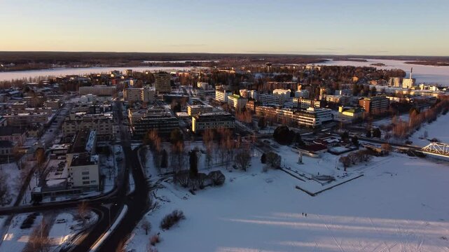 Aerial Establishing Shot Overhead Snow-Covered Tornio City Wintertime