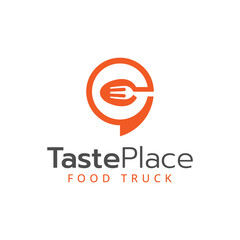 Modern mobile restaurant logo with pin spoon plate and fork symbol, ideal for premium food services on wheels. Perfect for gourmet dining brands and location-based culinary businesses.