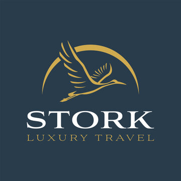 Elegant travel logo with flying stork and arch symbol, representing premium journeys, freedom, and luxury experience. Ideal for travel, tour, and transportation brands.