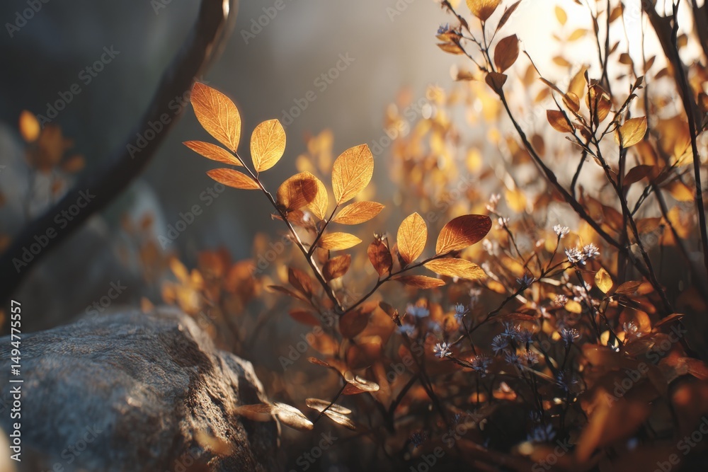 Aufkleber beautiful autumn leaves illuminated by sunlight in a serene forest setting during golden hour