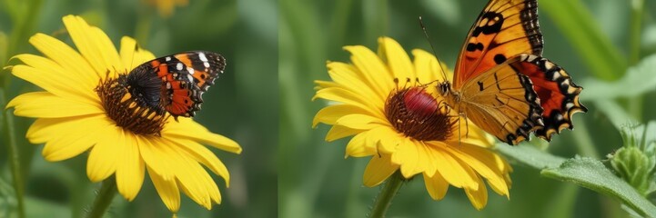 Fototapeta premium A vibrant butterfly and ladybug share a sunny yellow flower , wildlife photography, bloom