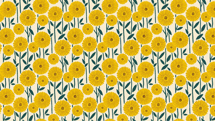 A repeating pattern of yellow flowers with green stems on a light cream colored background design art