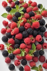 Fototapeta premium A vibrant cluster of blackberries and raspberries against a pure white backdrop , composition, dark, delicious
